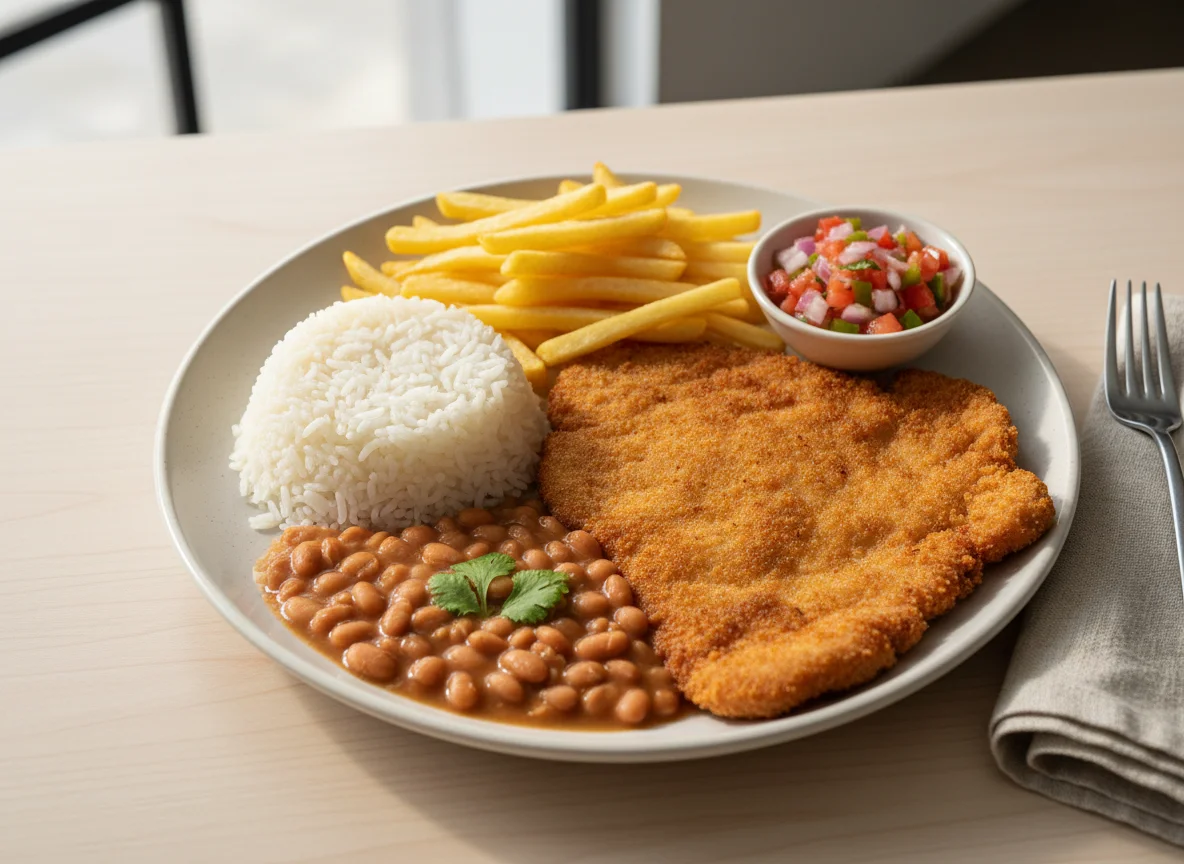 Prato feito com bife à milanesa, arroz, feijão, batata frita e vinagrete photo