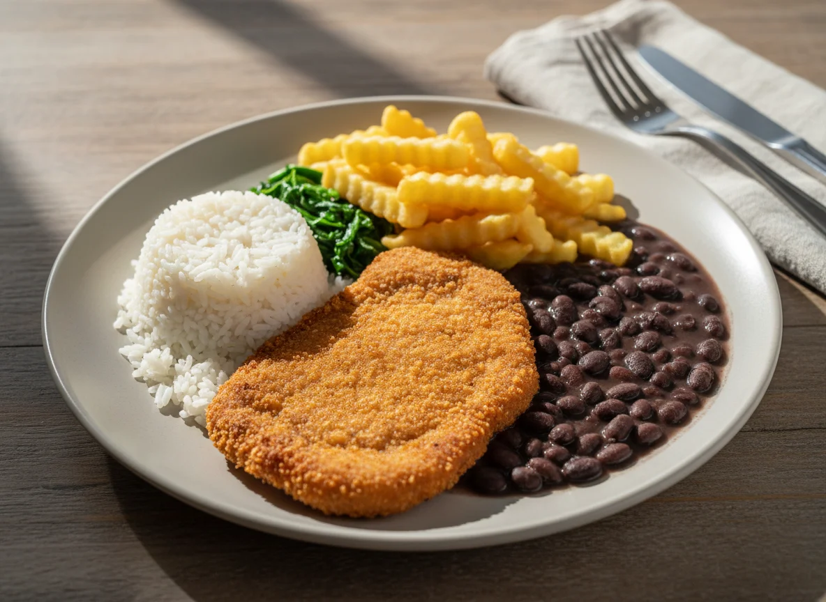 Prato feito com bife à milanesa, arroz, feijão e batata frita photo