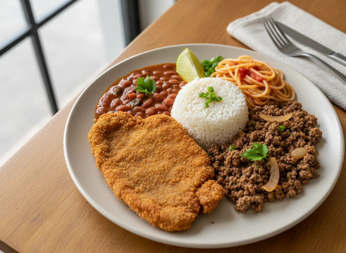 Prato feito com bife à milanesa, arroz, feijão e carne moída photo