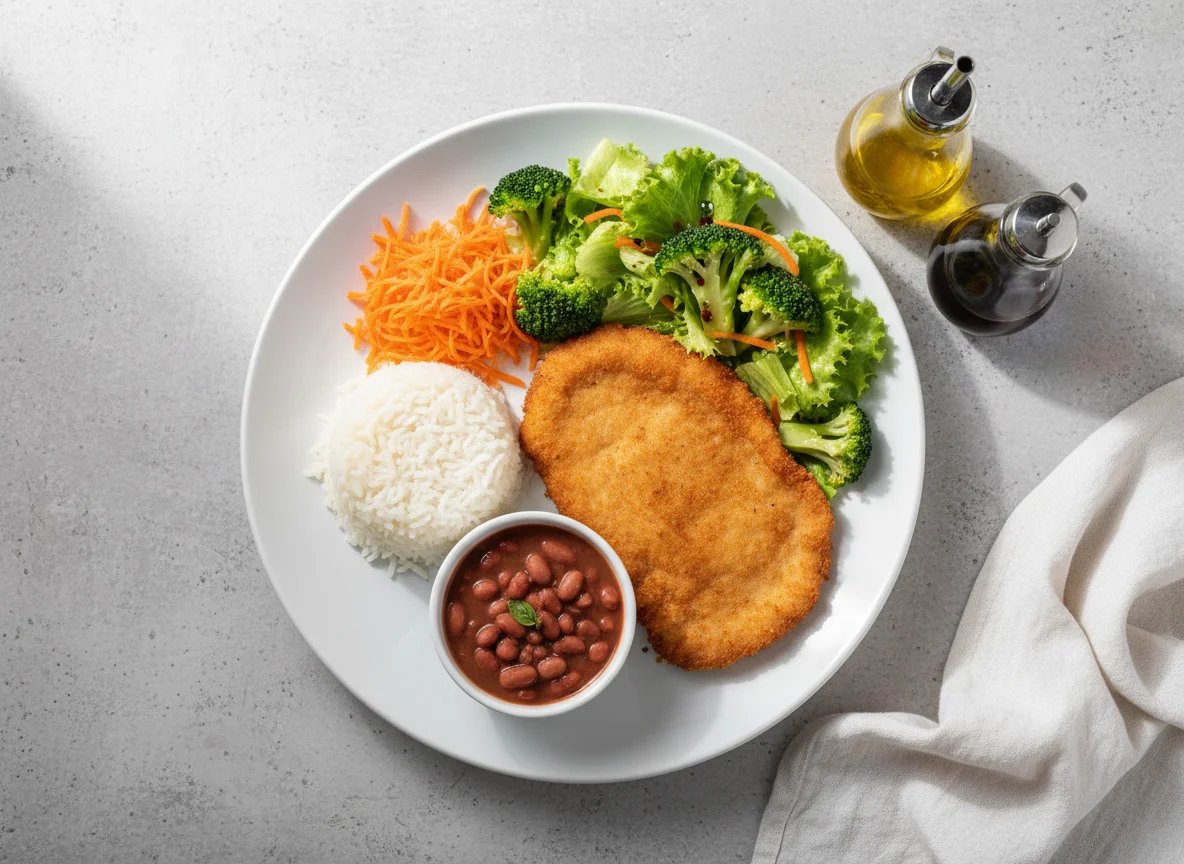 Prato feito com bife à milanesa, arroz, feijão e salada photo