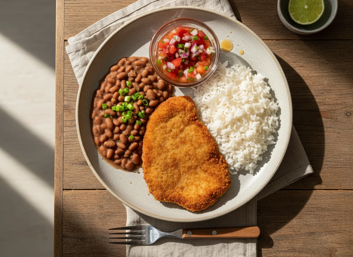 Prato feito com bife à milanesa, arroz, feijão e vinagrete photo