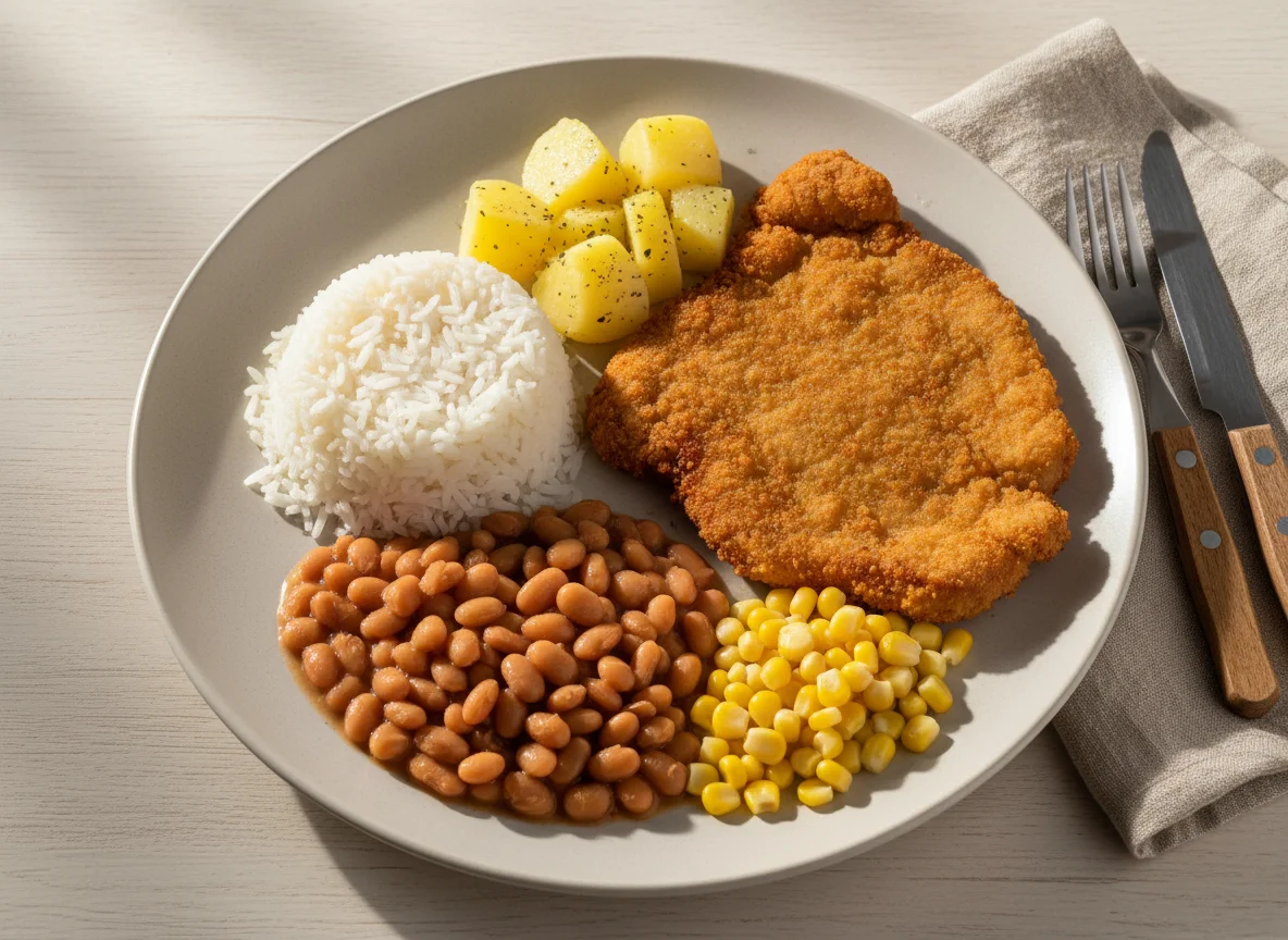 Prato feito com bife à milanesa, arroz, feijão, milho e batata photo