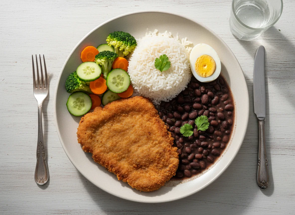 Prato feito com bife à milanesa, arroz, feijão, salada e ovo cozido photo