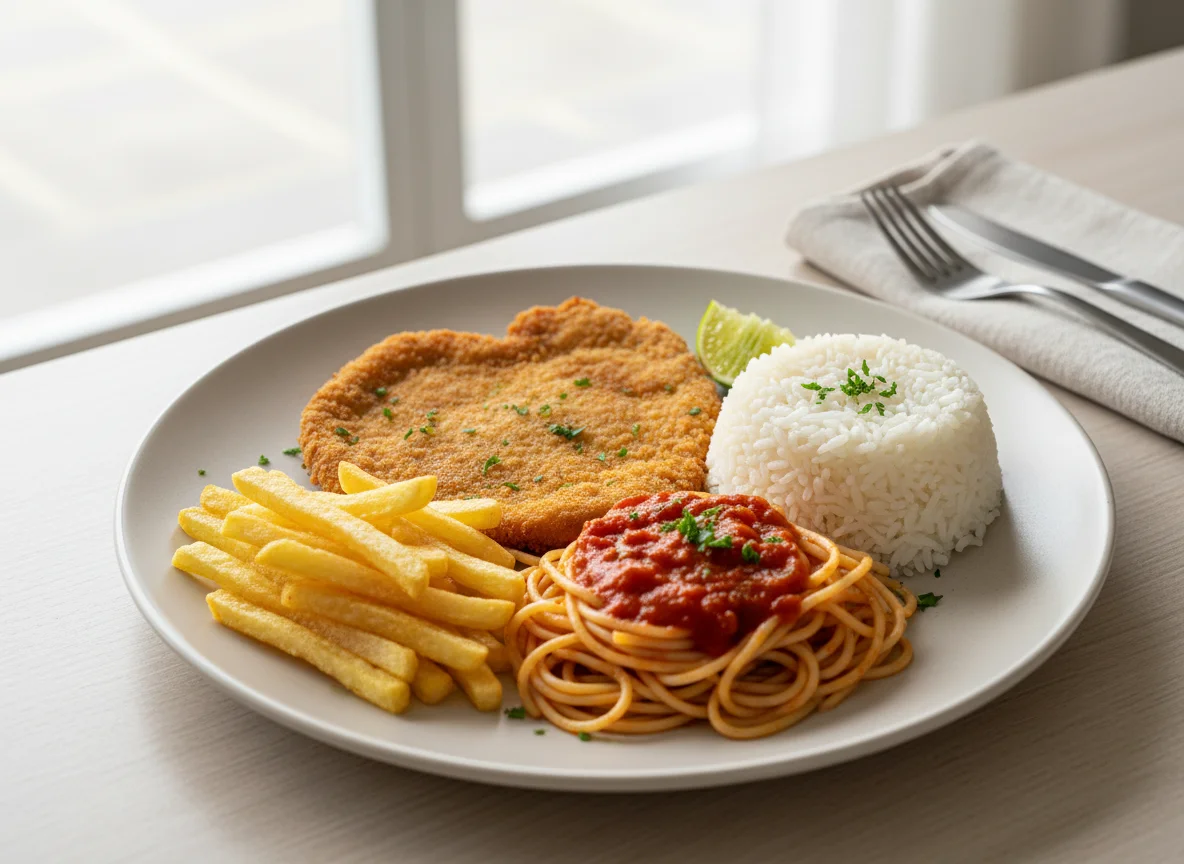 Prato feito com bife à milanesa, arroz, macarrão e batata frita photo