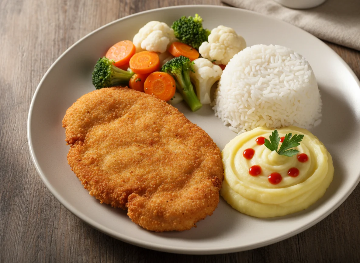 Prato feito com bife à milanesa, arroz, purê de batata e legumes photo
