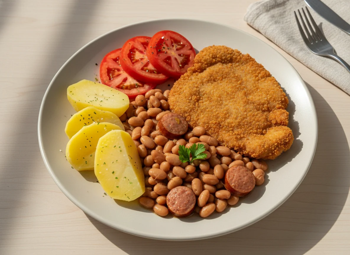 Prato feito com bife à milanesa, batatas, feijão e tomate photo