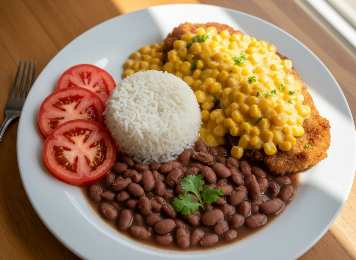 Prato feito com bife à milanesa e molho de milho photo