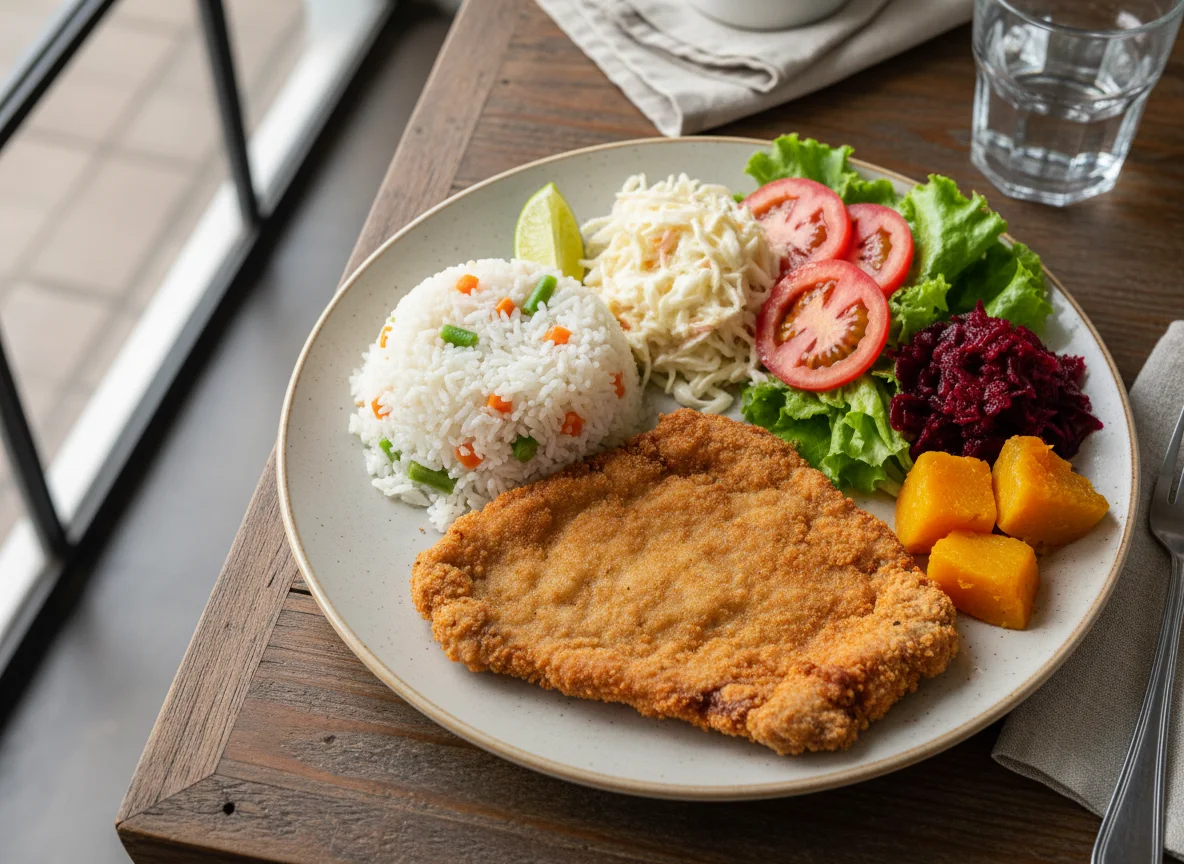 Prato feito com bife à milanesa e salada photo