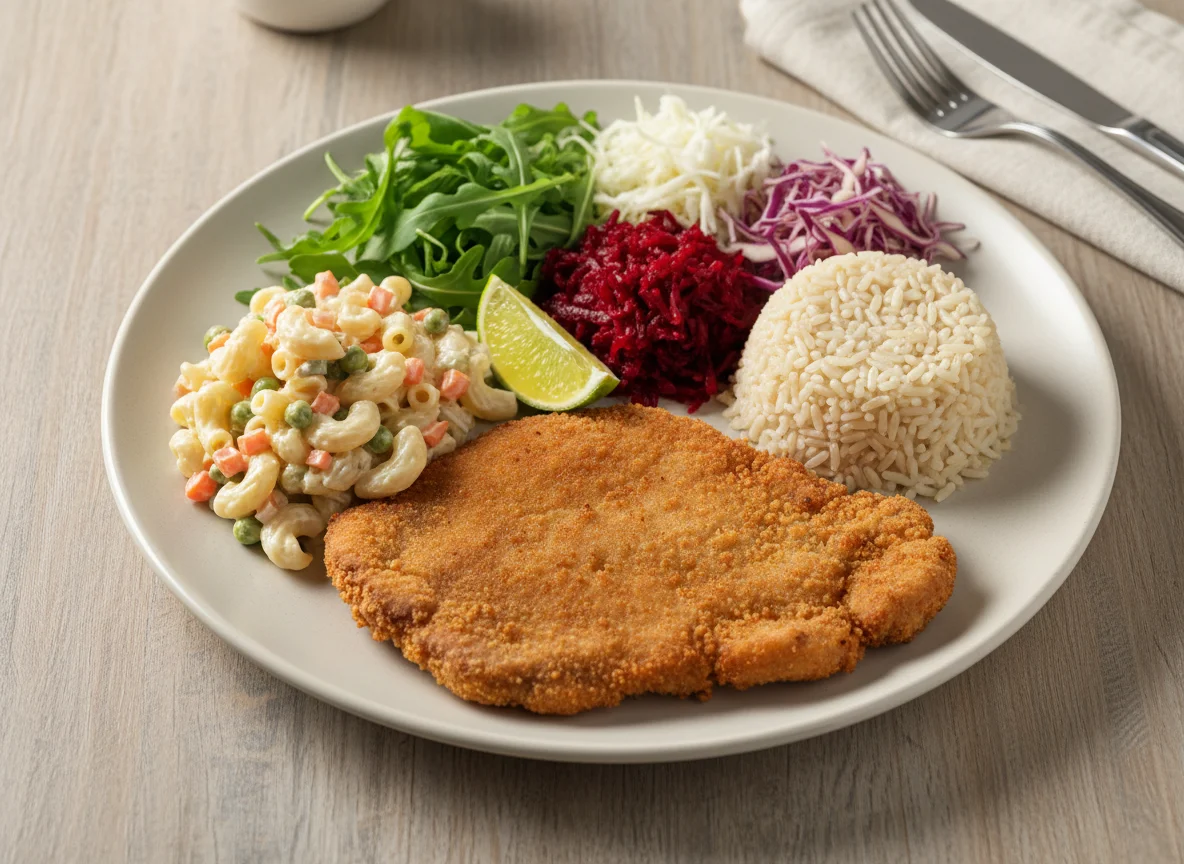 Prato feito com bife à milanesa e saladas photo