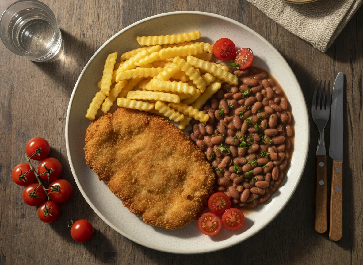 Prato feito com bife à milanesa, feijão, batata frita e tomate cereja photo