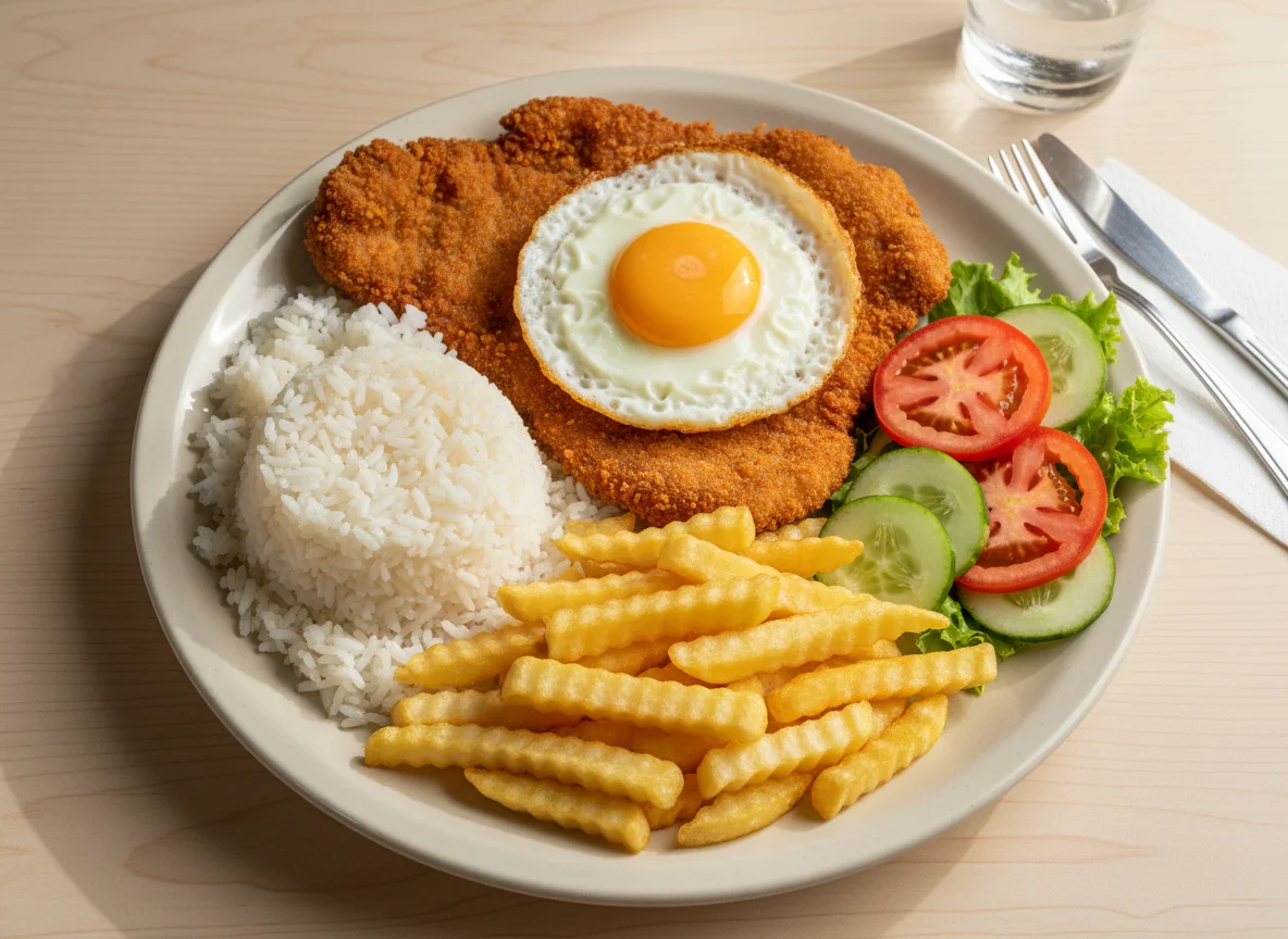 Prato feito com bife à milanesa, ovo frito, arroz, batata frita e salada photo