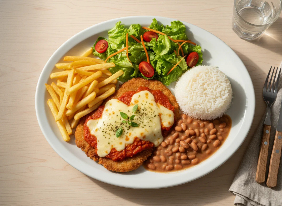 Prato feito com bife à parmegiana, arroz, feijão, batata frita e salada photo