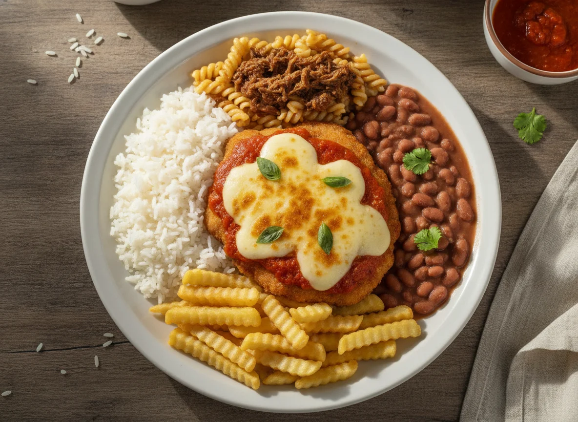 Prato Feito com Bife à Parmegiana, Arroz, Feijão e Batata Frita photo