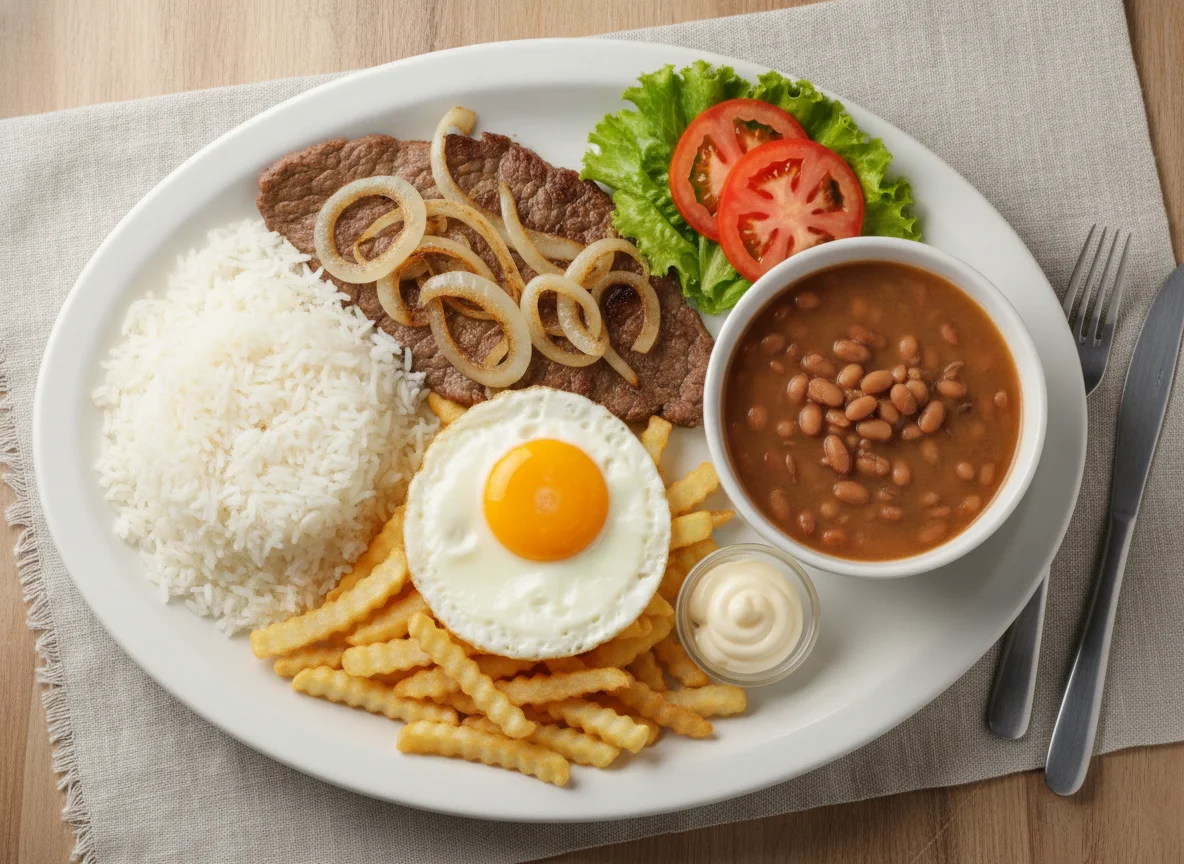 Prato Feito com Bife Acebolado, Arroz, Batata Frita e Ovo photo