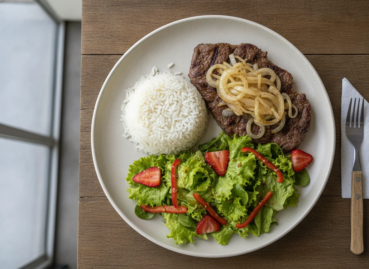 Prato feito com bife acebolado, arroz branco e salada verde photo