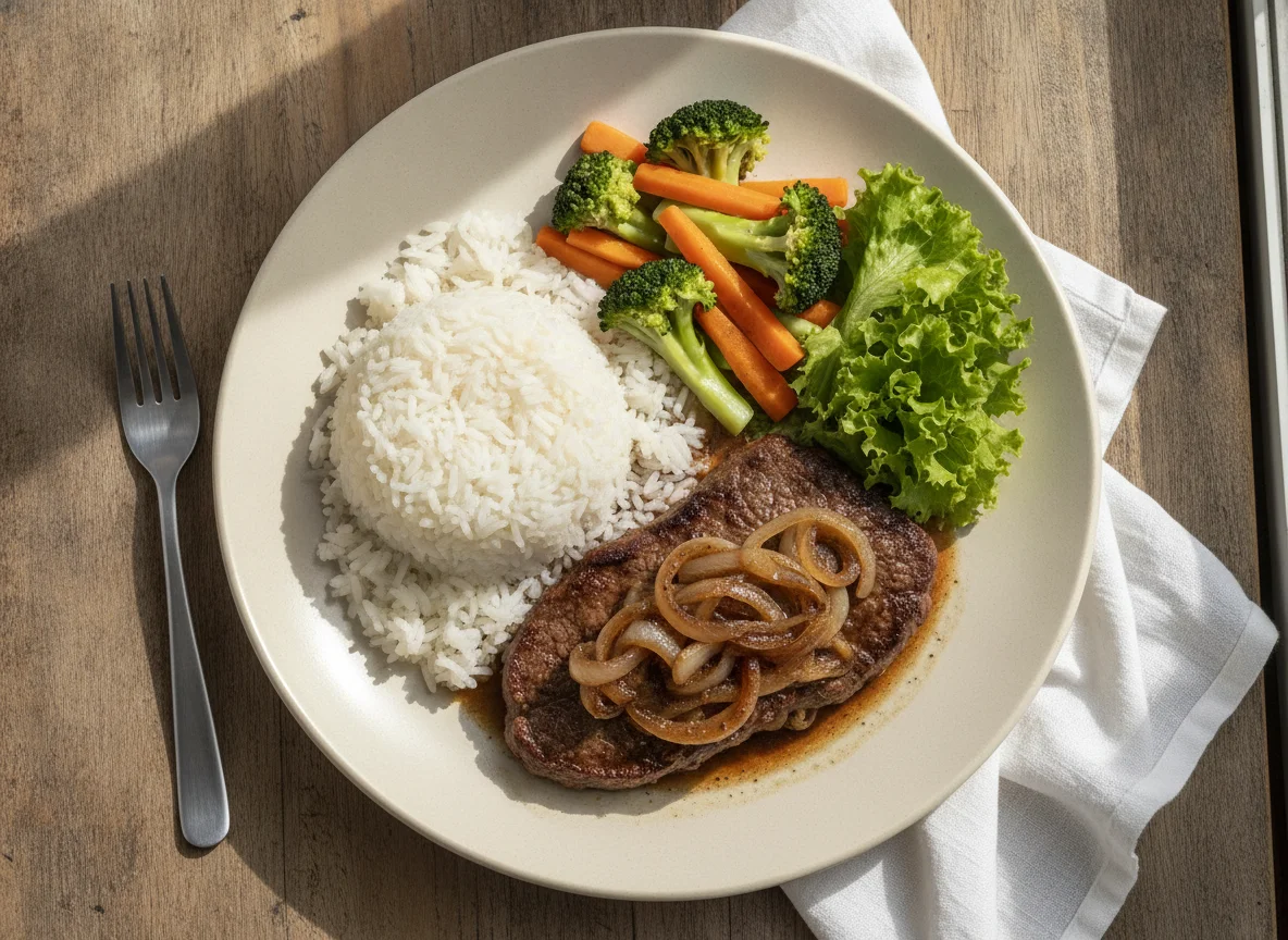 Prato feito com bife acebolado, arroz, brócolis, cenoura e alface photo