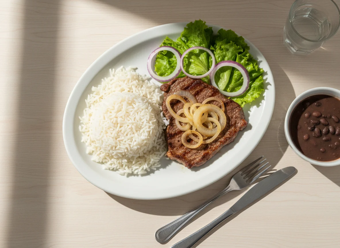 Prato feito com bife acebolado, arroz e salada photo