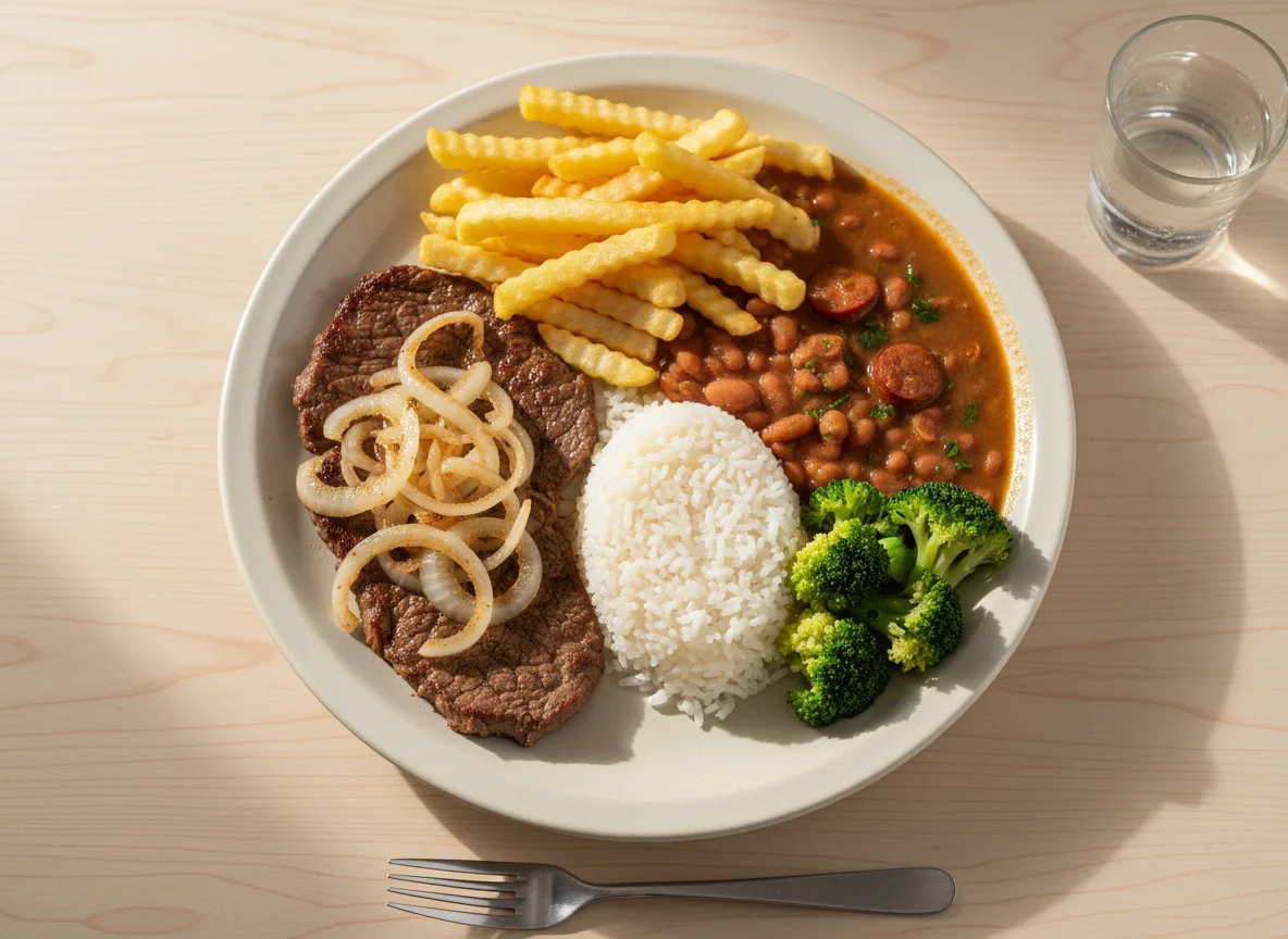 Prato feito com bife acebolado, arroz, feijão, batata frita e brócolis photo