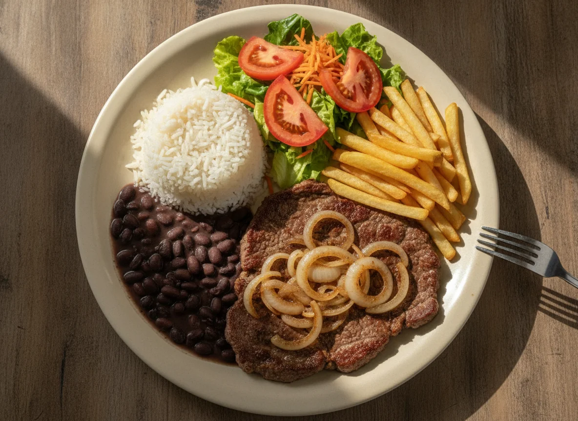 Prato Feito com Bife Acebolado, Arroz, Feijão, Batata Frita e Salada photo
