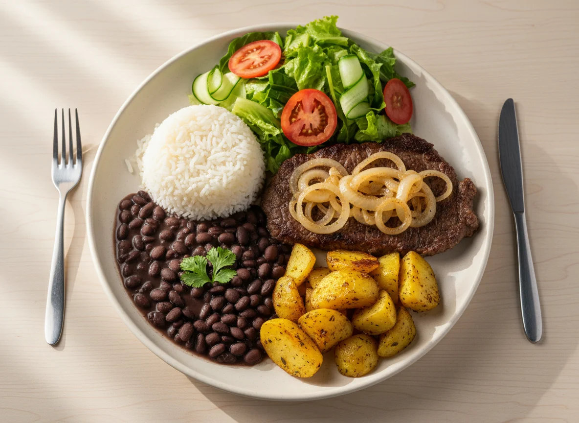 Prato feito com bife acebolado, arroz, feijão, batata rústica e salada photo
