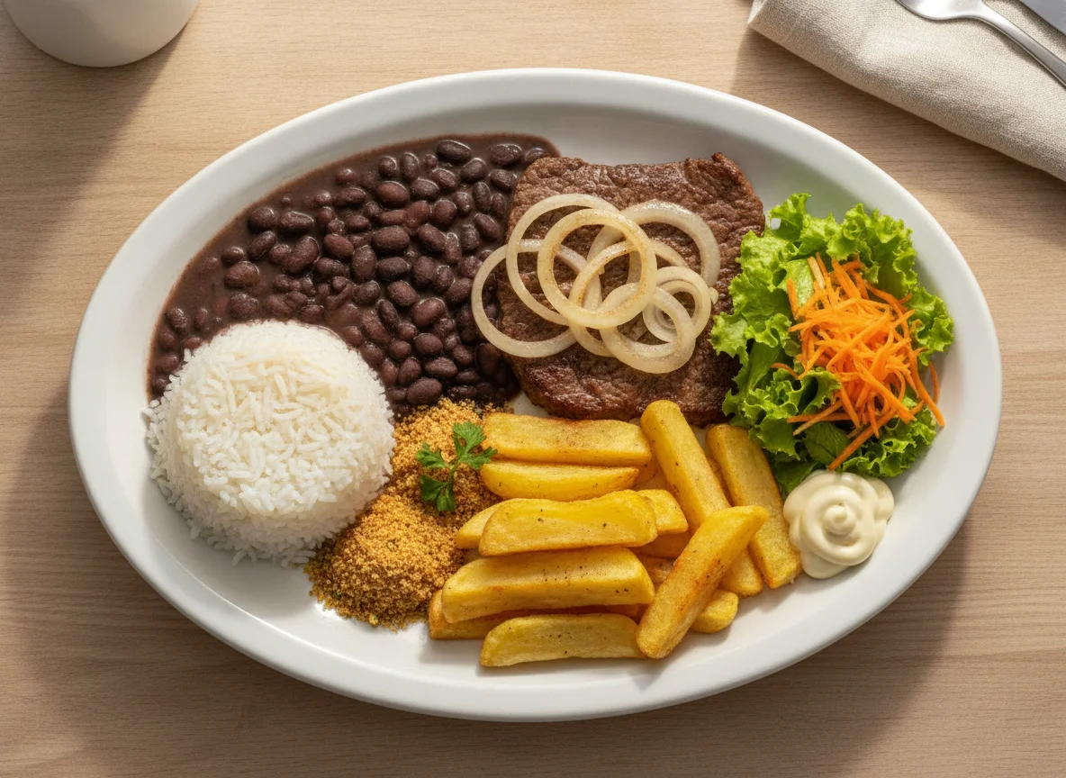 Prato Feito com Bife Acebolado, Arroz, Feijão e Batatas Rústicas photo