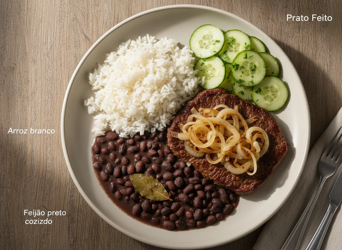 Prato feito com bife acebolado, arroz, feijão e salada de pepino photo
