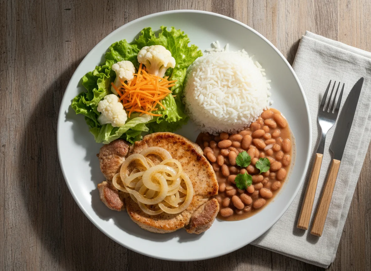 Prato Feito com Bife Acebolado, Arroz, Feijão e Salada photo