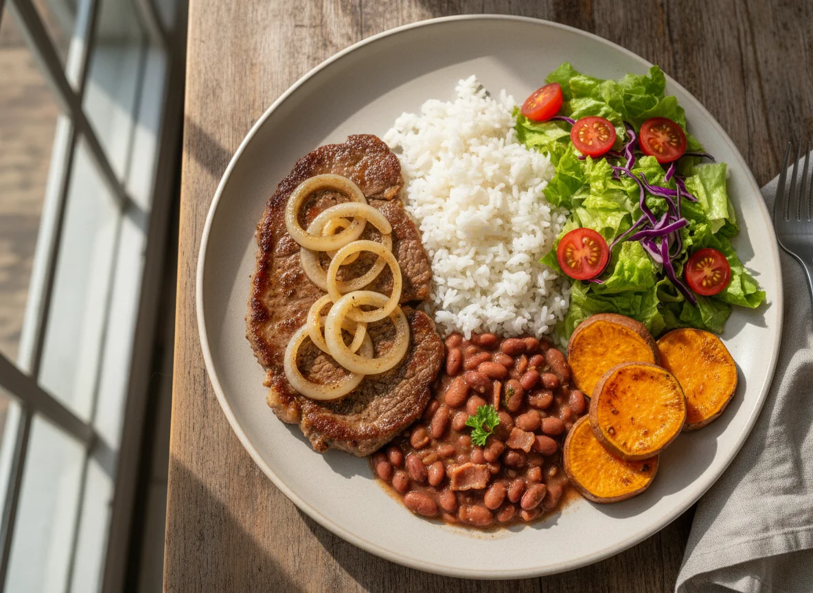 Prato feito com bife acebolado, arroz, feijão, salada e batata doce photo