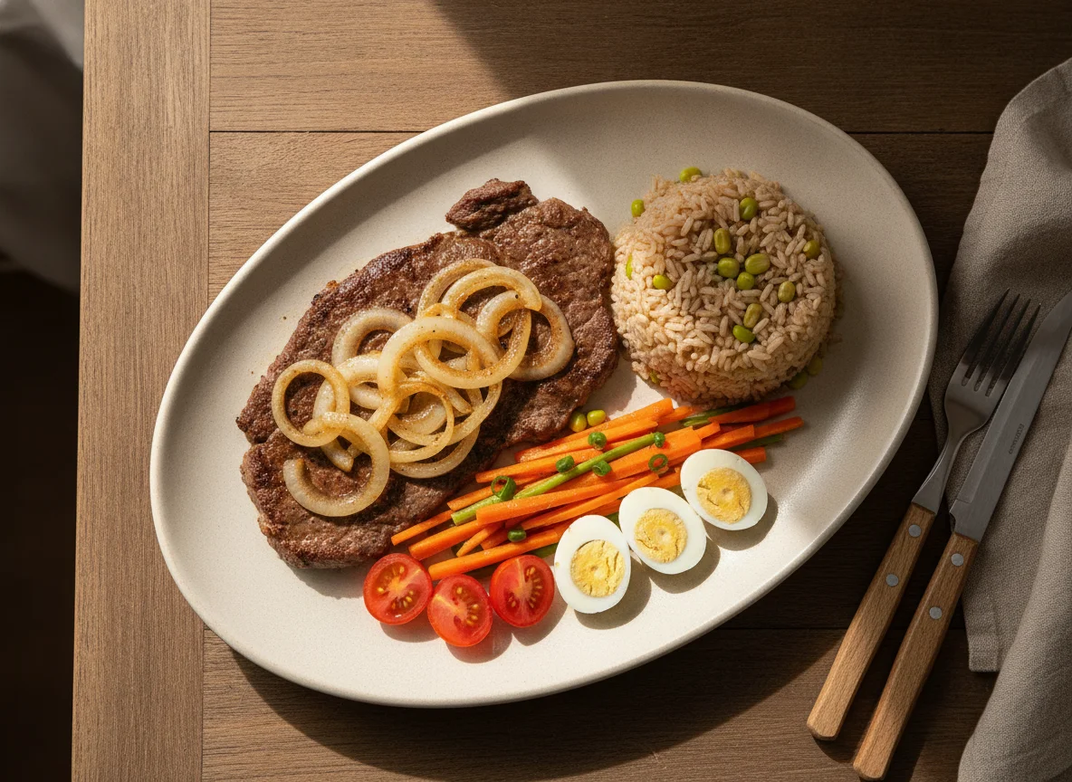 Prato feito com bife acebolado, arroz integral e vegetais photo