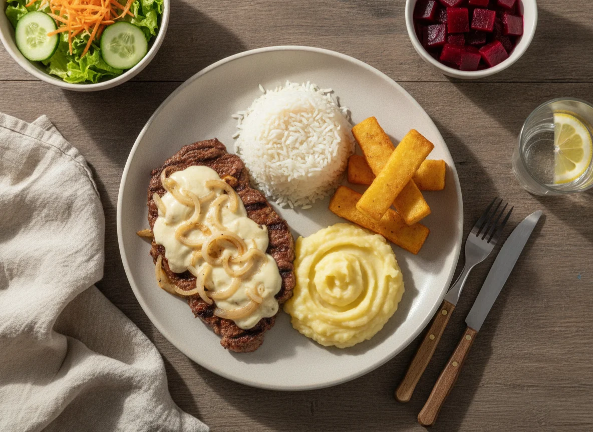 Prato Feito com Bife Acebolado, Arroz, Purê e Polenta Frita photo