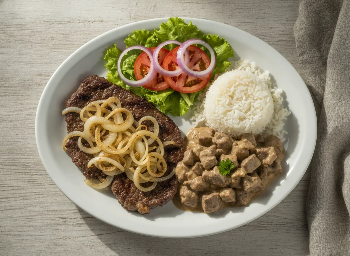 Prato Feito com Bife Acebolado, Arroz, Salada e Estrogonofe photo