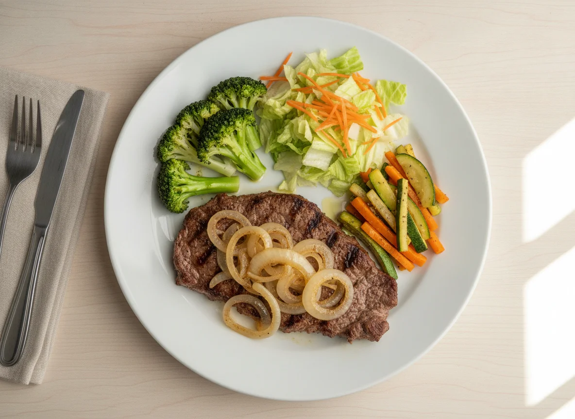 Prato feito com bife acebolado, brócolis, salada e legumes refogados photo