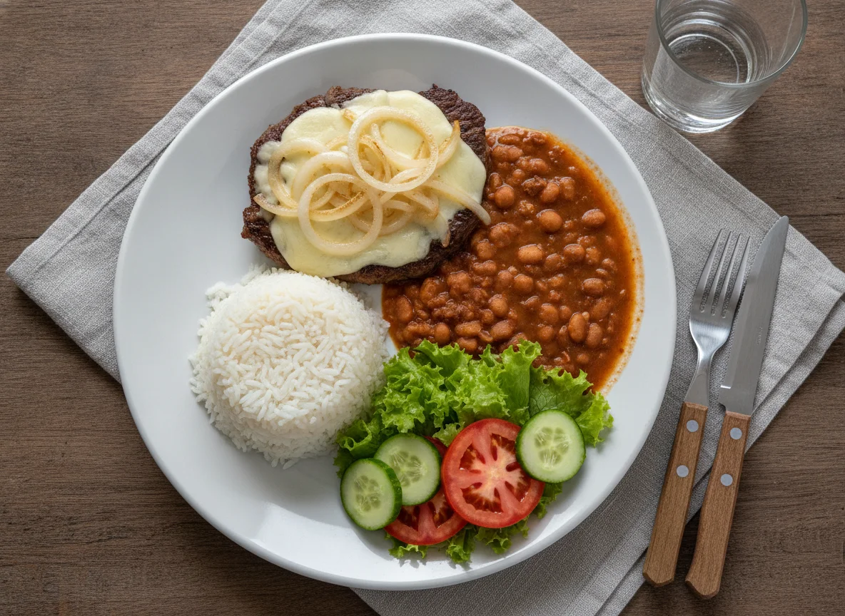 Prato Feito com Bife Acebolado com Queijo, Arroz, Feijão e Salada photo