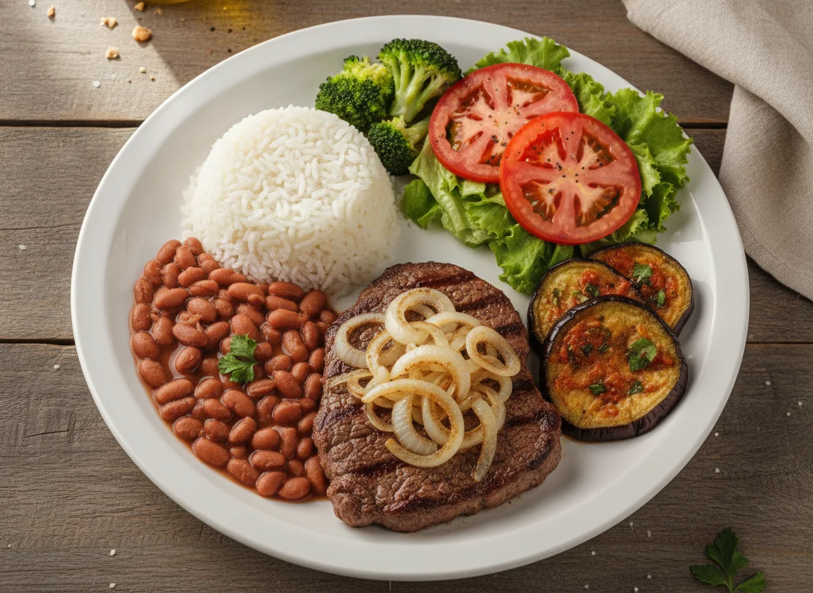 Prato Feito com Bife Acebolado e Beringela Assada photo