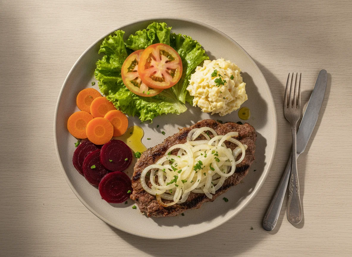 Prato feito com bife acebolado e salada mista photo