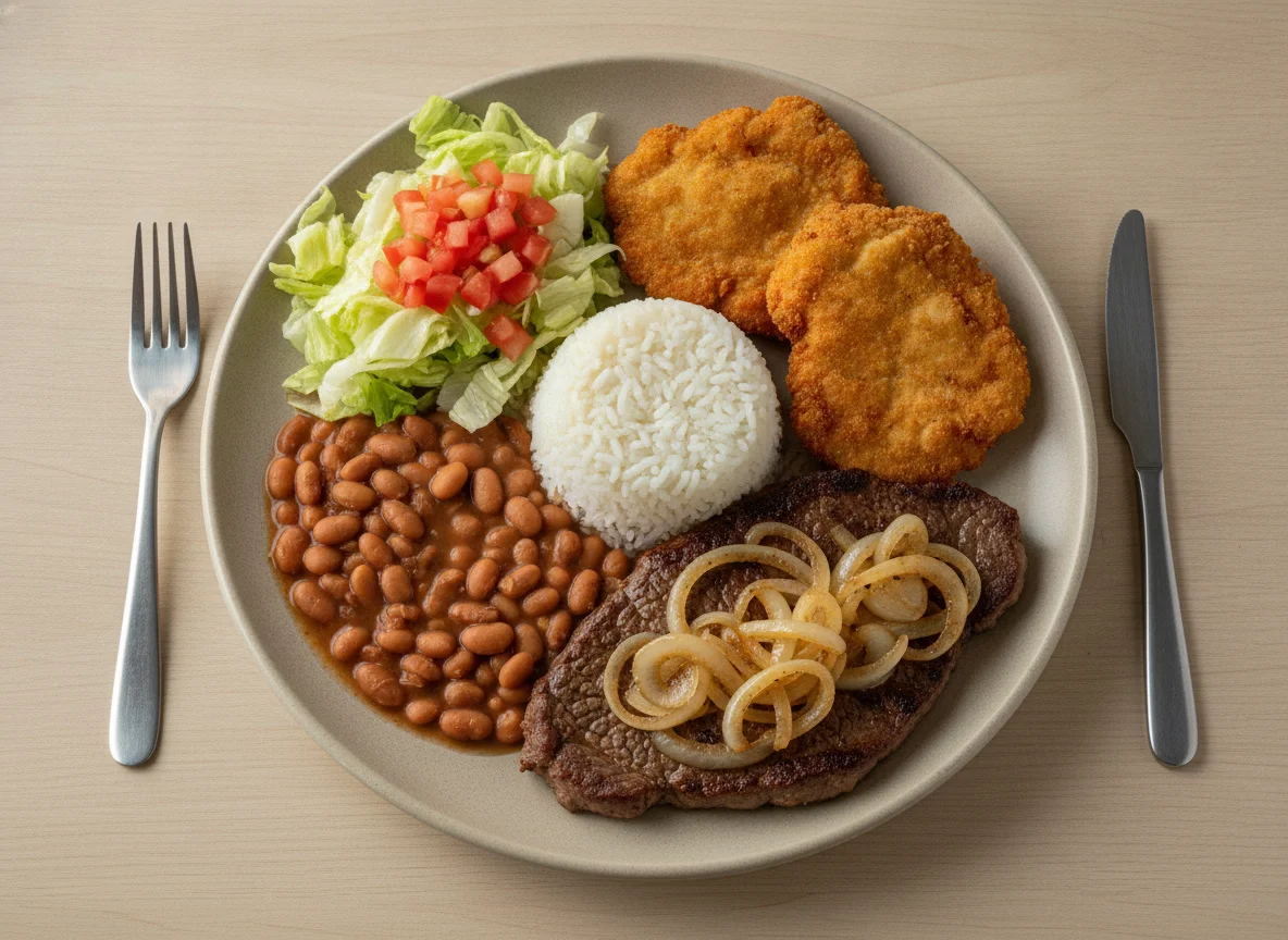 Prato feito com bife acebolado, frango empanado, arroz, feijão e salada photo
