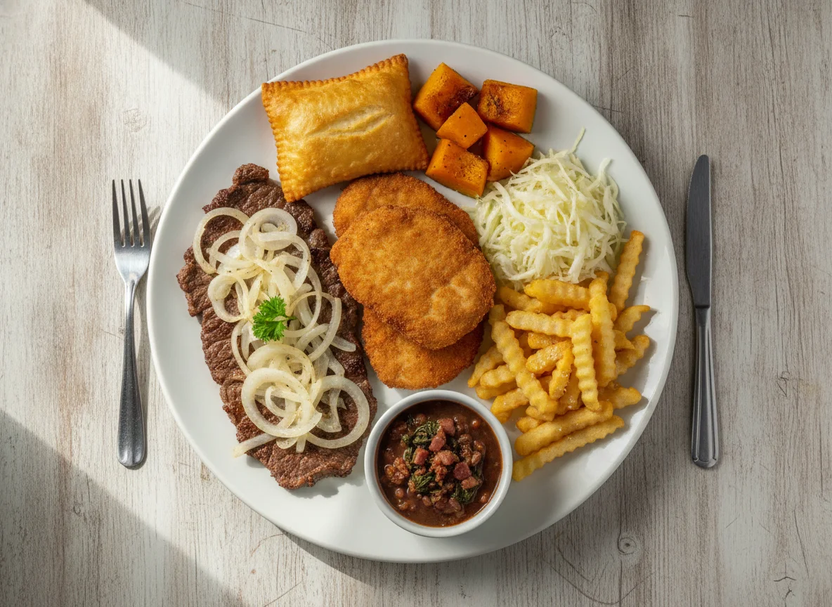 Prato Feito com Bife Acebolado, Frango Empanado e Acompanhamentos photo