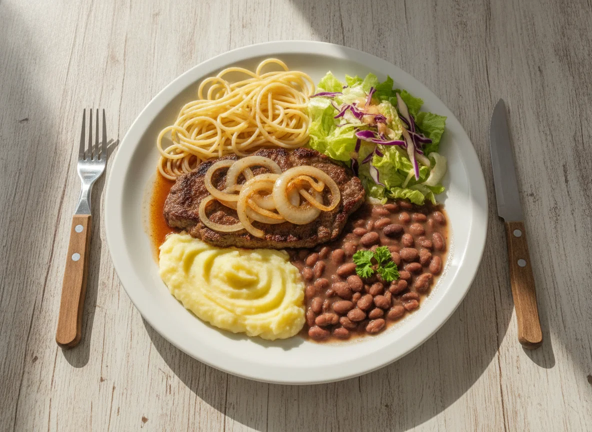 Prato Feito com Bife Acebolado, Macarrão, Feijão, Purê e Salada photo