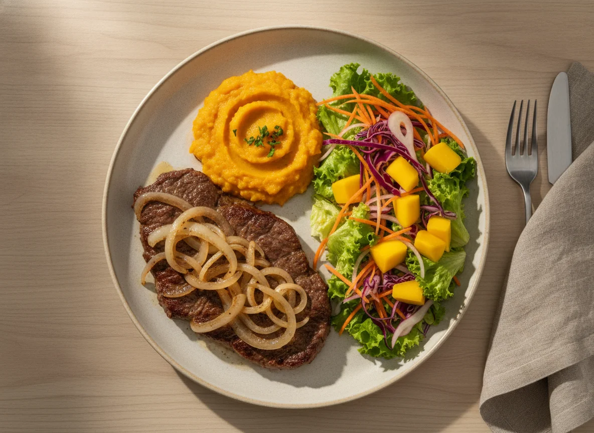 Prato feito com bife acebolado, purê de abóbora e salada mista photo