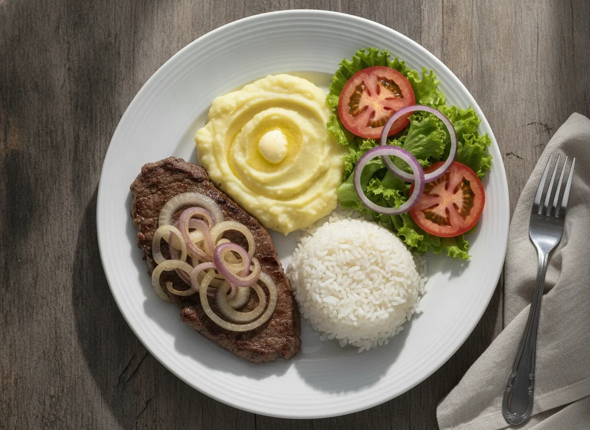 Prato feito com bife acebolado, purê de batata, arroz e salada photo
