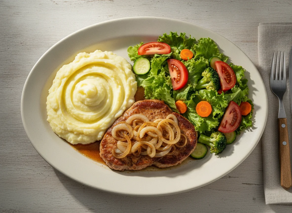 Prato feito com bife acebolado, purê de batata e salada photo