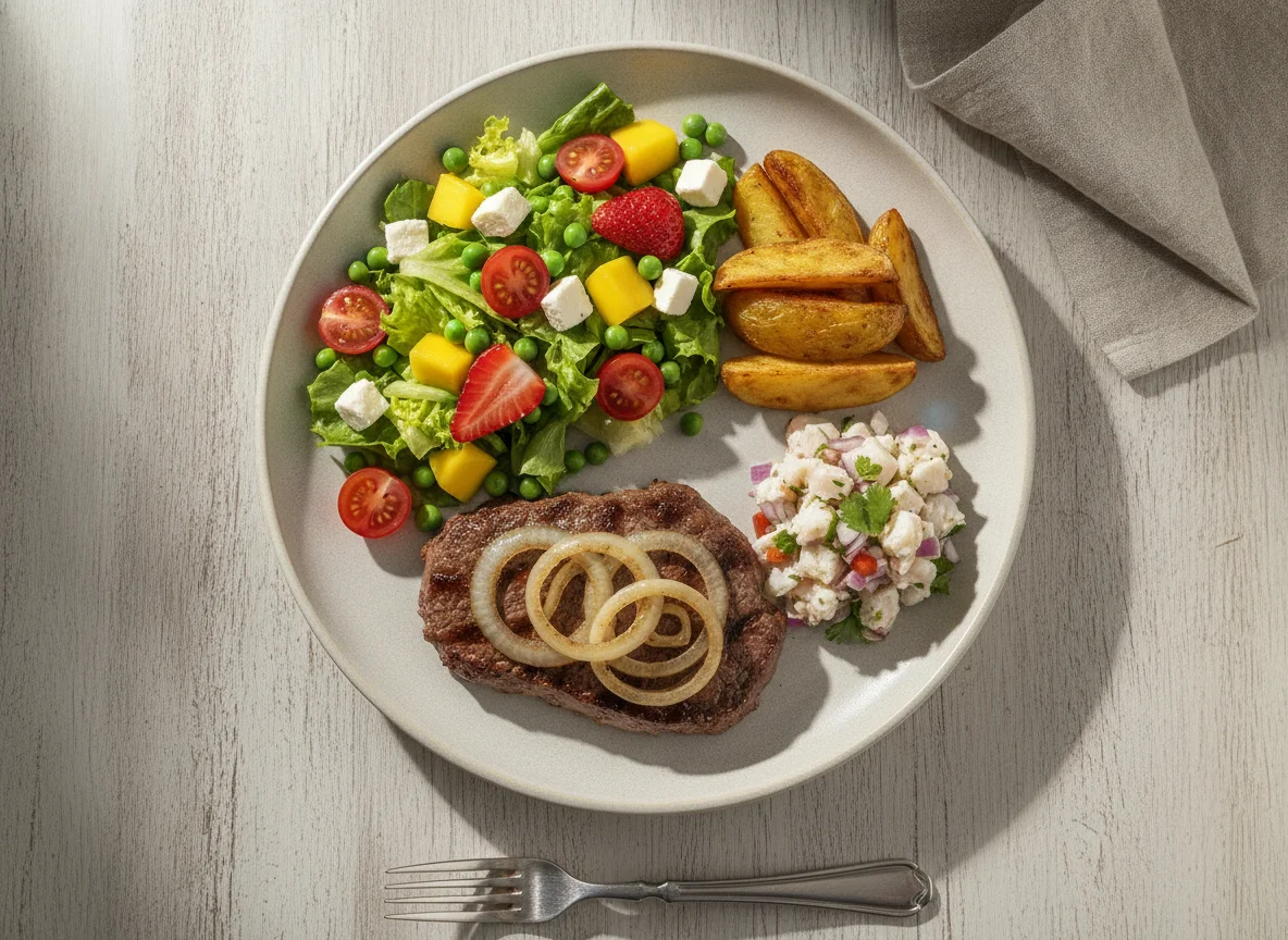 Prato feito com bife acebolado, salada mista e batatas photo