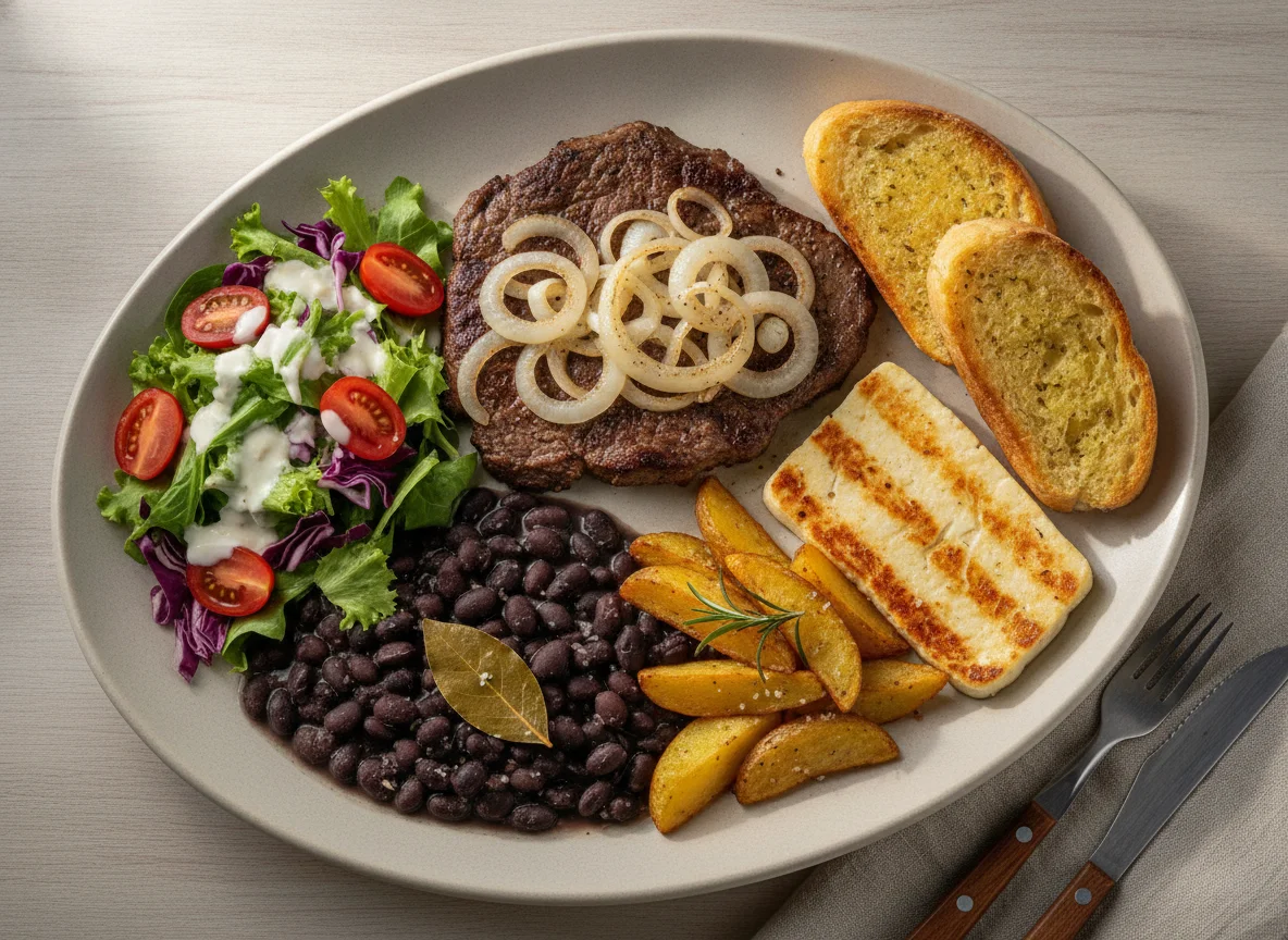 Prato feito com bife acebolado, salada, pão de alho e acompanhamentos photo