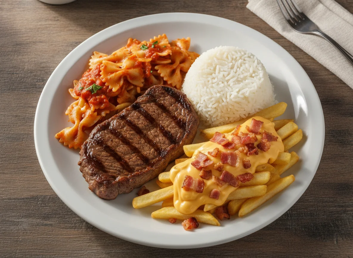 Prato Feito com Bife, Arroz, Batata Frita com Cheddar e Macarrão photo