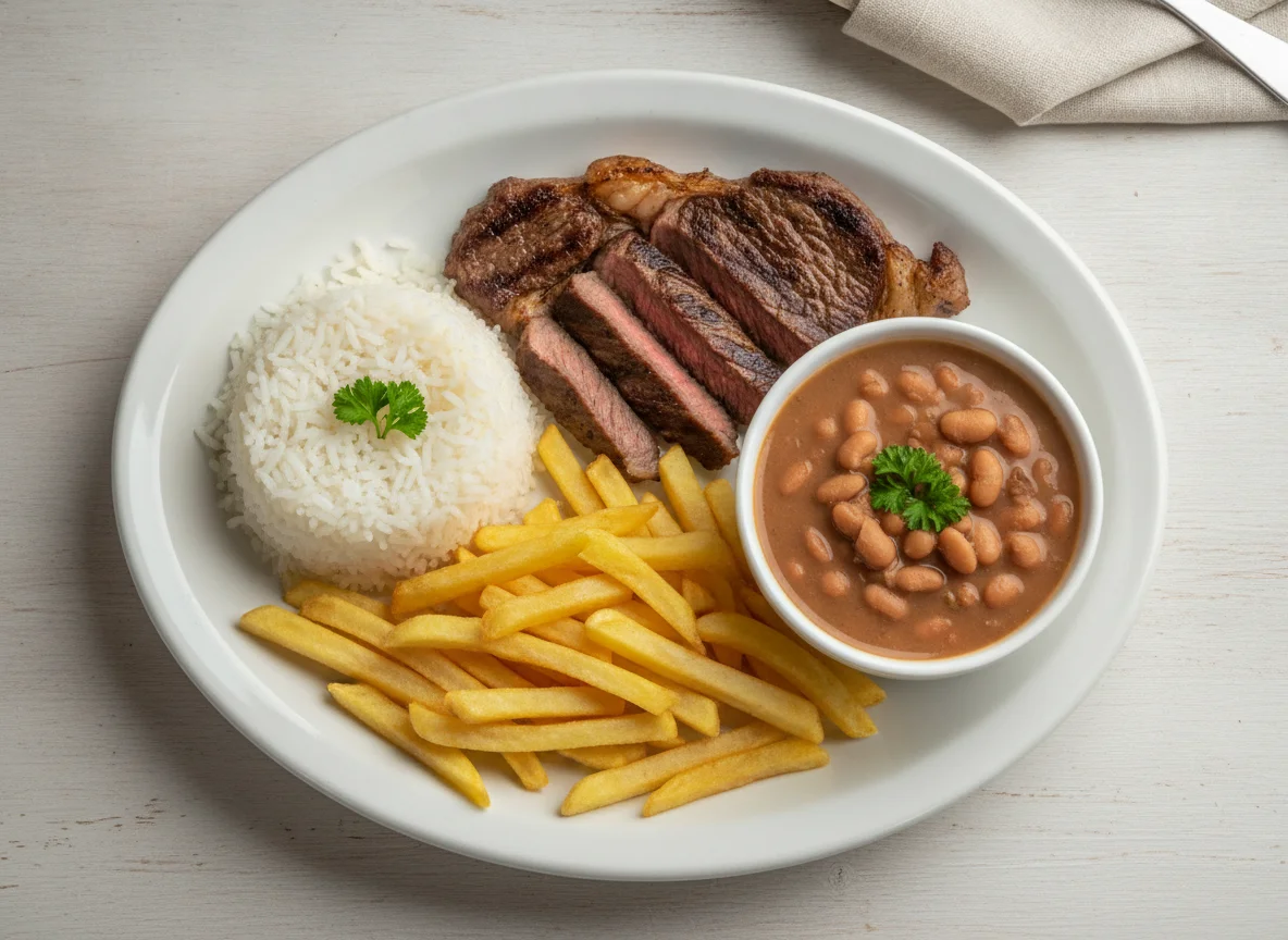 Prato Feito com Bife, Arroz, Batata Frita e Feijão photo