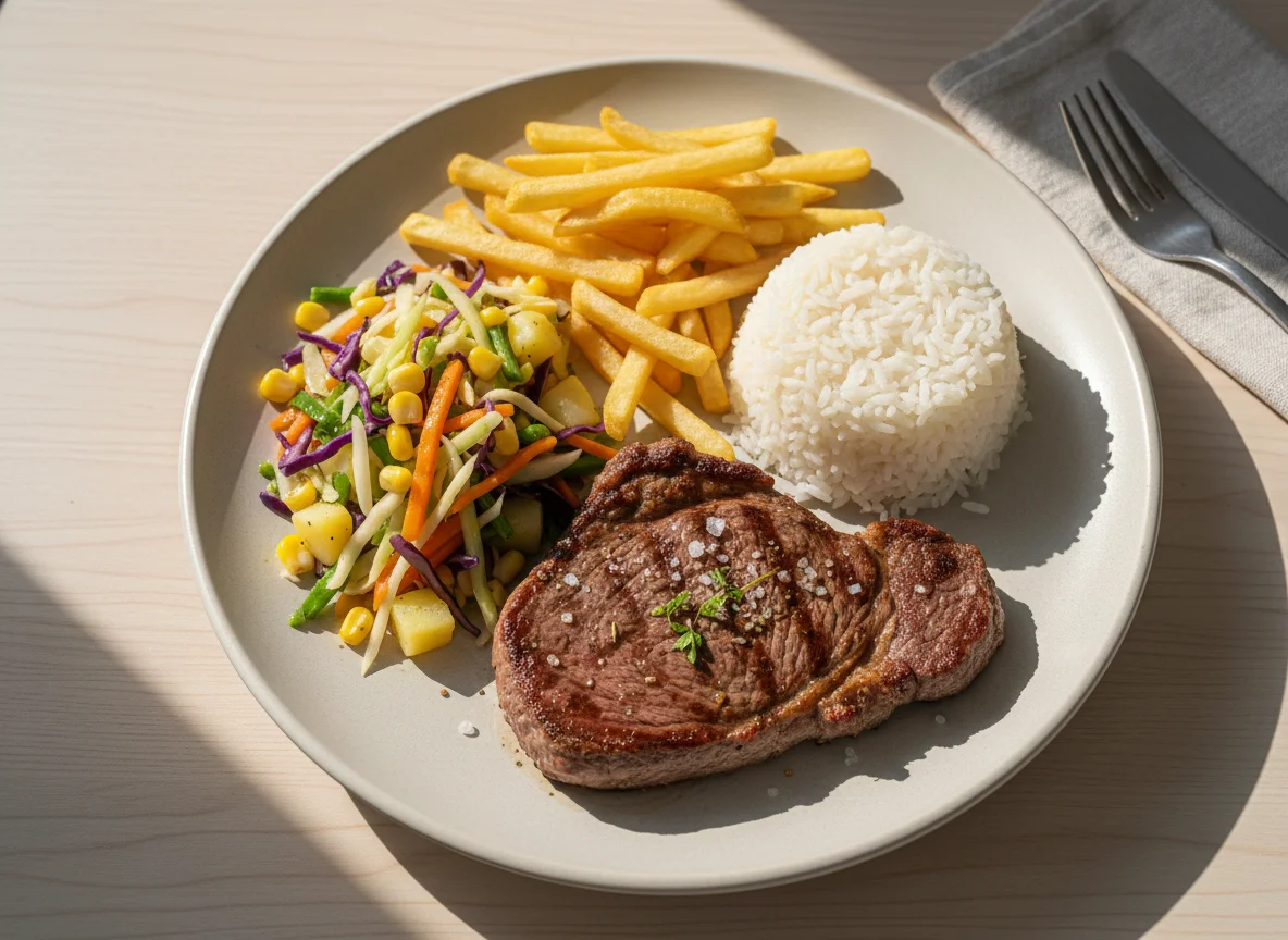 Prato feito com bife, arroz, batata frita e legumes salteados photo