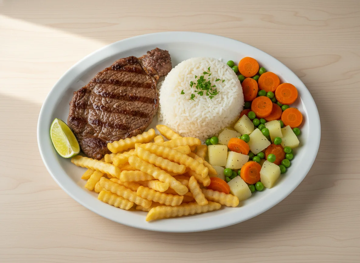 Prato feito com bife, arroz, batata frita e legumes photo