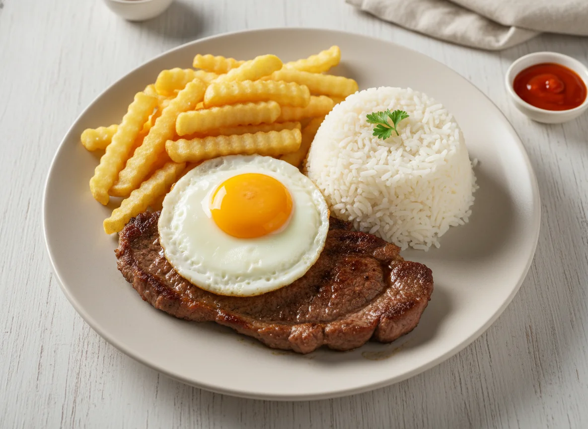 Prato feito com bife, arroz, batata frita e ovo frito photo