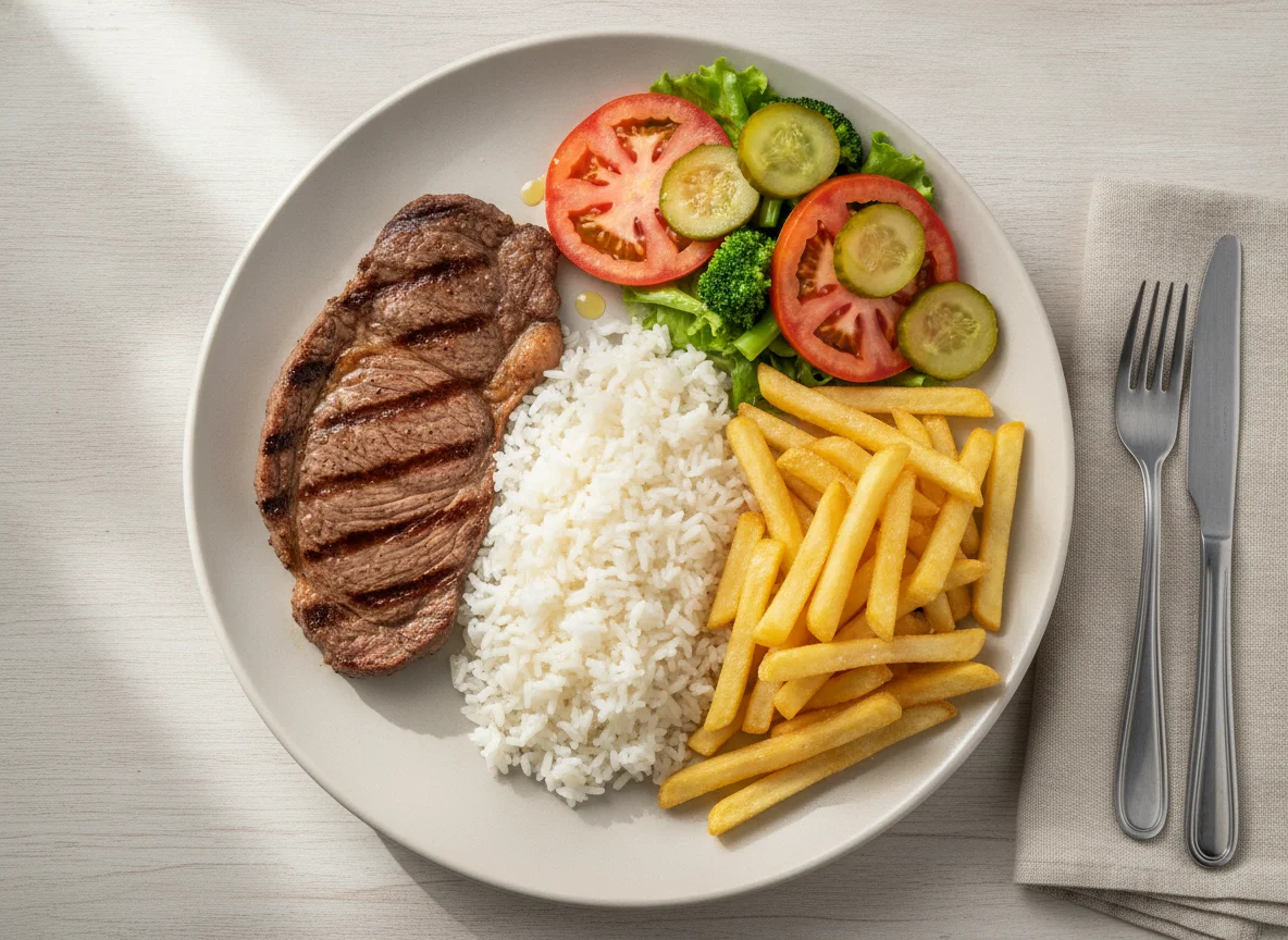 Prato feito com bife, arroz, batata frita e salada photo