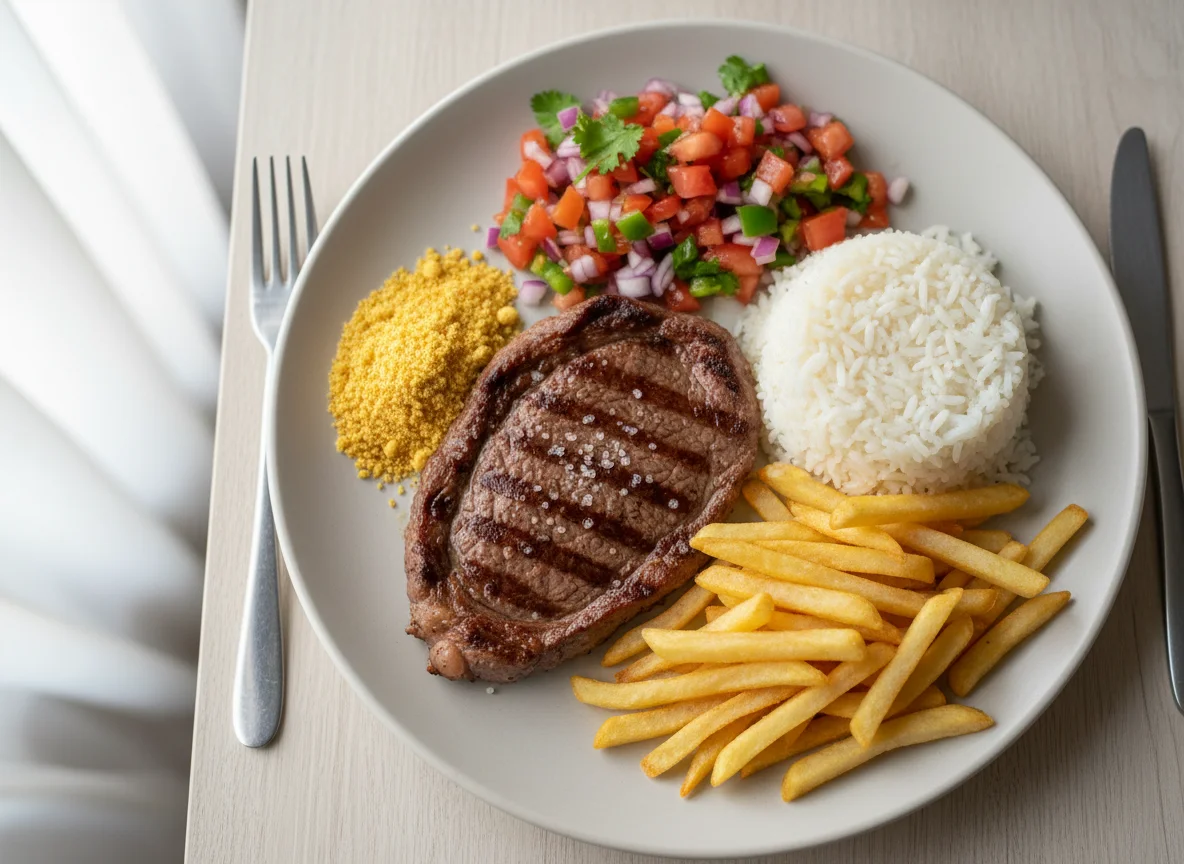 Prato feito com bife, arroz, batata frita e vinagrete photo